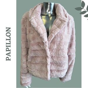 Papillon Cropped Faux Fur Jacket Lined Notch Collar Button Closure Size Large